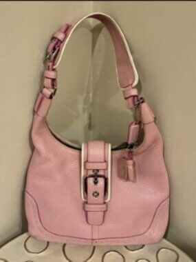 COACH Pink Pebbled Leather Shoulder Hobo with Buckle Accent